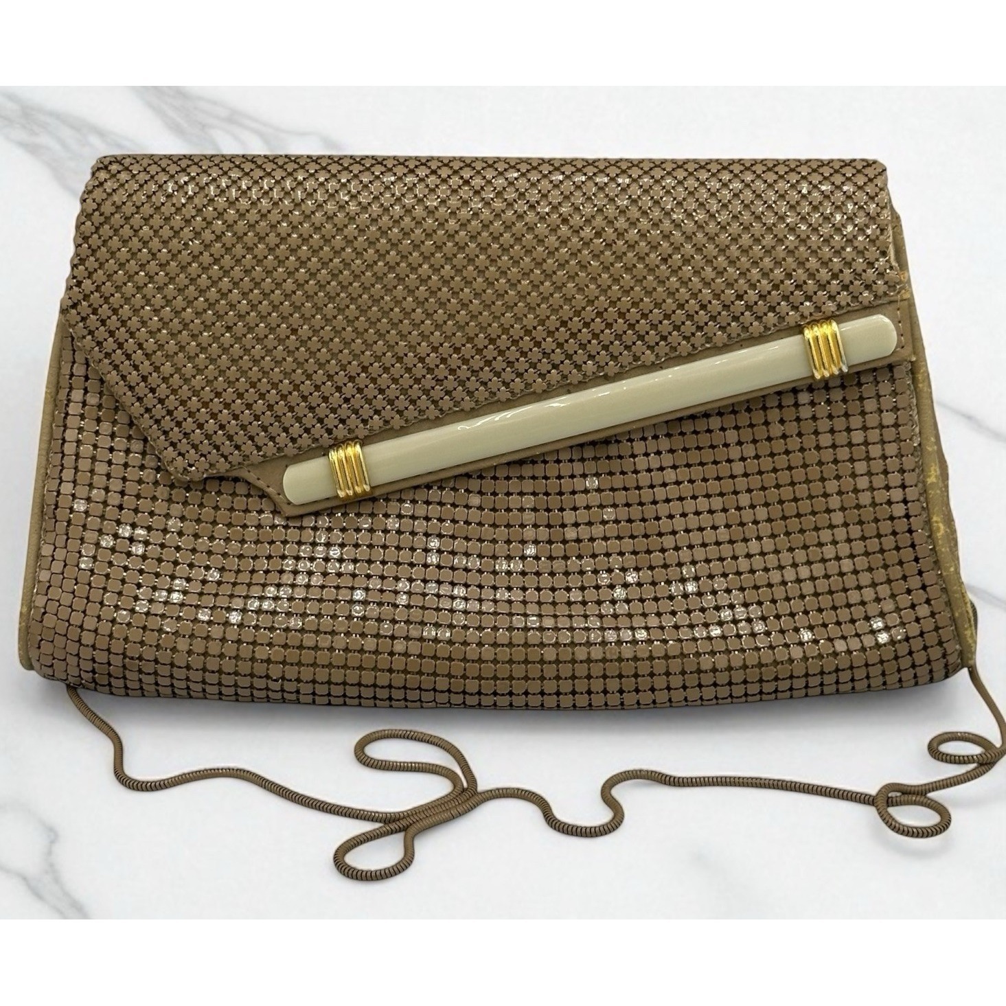 Vtg 70s 80s Taupe Clutch Shoulder Bag Retro Envelope Purse Office Glam Prop